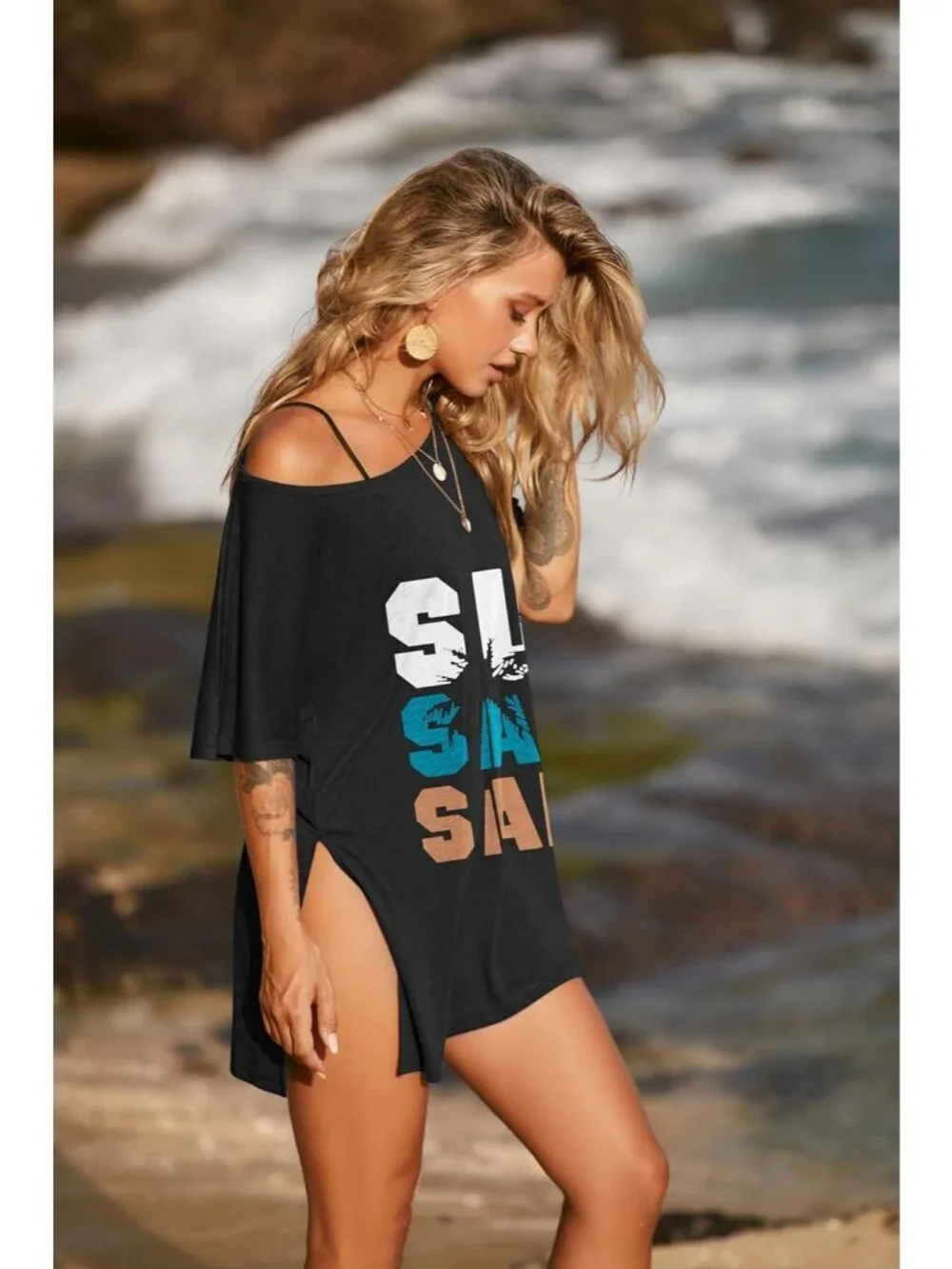 Women's Black Topical Leave Sleeve Cover Ups for Beach Bathing Suit Swimwear